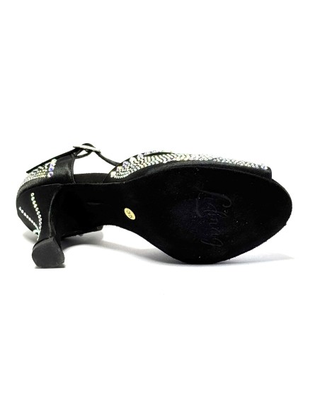 Spuntata raso nero tutta strass suola bufalo tacco 80 a rocchetto