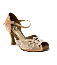 Scarpa da ballo donna latino americano liscio tango spuntata raso carne tutta strass suola bufalo tacco 80 rocchetto