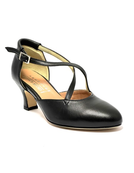 Scarpa da ballo donna ballo da sala liscio pelle nero suola in cuoio tacco 50