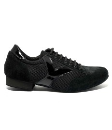 Scarpa da ballo uomo latino tango liscio camoscio tessuto e riporti vernice nera suola bufalo tacco 20