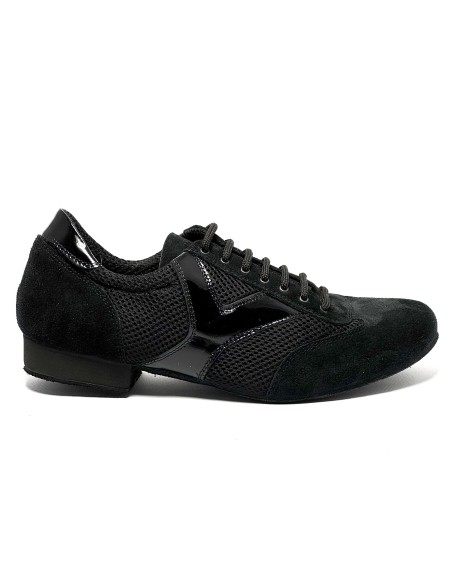 Scarpa da ballo uomo latino tango liscio camoscio tessuto e riporti vernice nera suola bufalo tacco 20