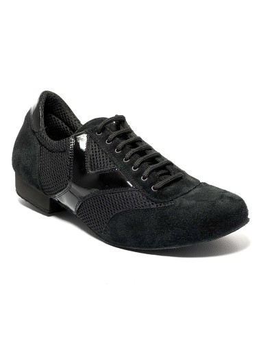 Scarpa da ballo uomo latino tango liscio camoscio tessuto e riporti vernice nera suola bufalo tacco 20