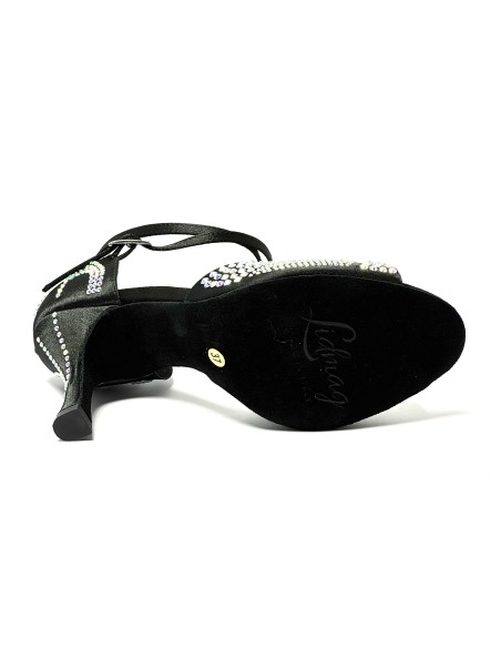 Scarpa da ballo donna latino americano tango ballo da sala liscio raso nero strass boreali suola bufalo tacco 90 stiletto