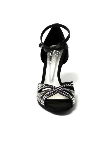 Scarpa da ballo donna latino americano tango ballo da sala liscio raso nero strass boreali suola bufalo tacco 90 stiletto
