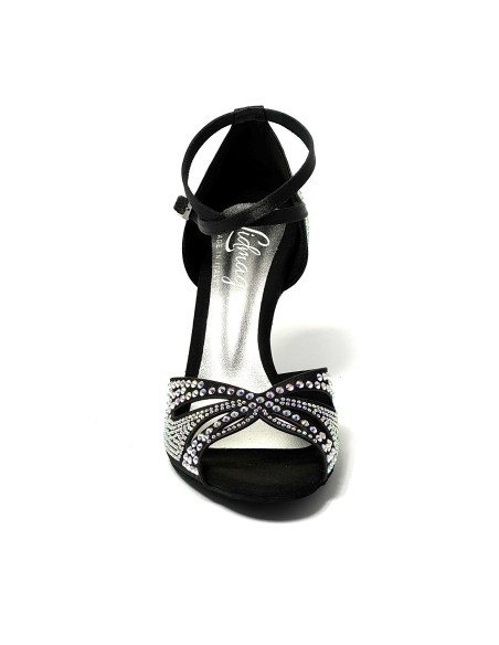 Scarpa da ballo donna latino americano tango ballo da sala liscio raso nero strass boreali suola bufalo tacco 90 stiletto