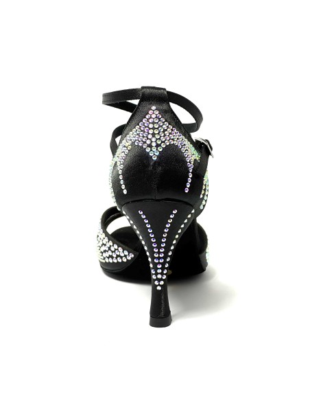 Scarpa da ballo donna latino americano tango ballo da sala liscio raso nero strass boreali suola bufalo tacco 90 stiletto