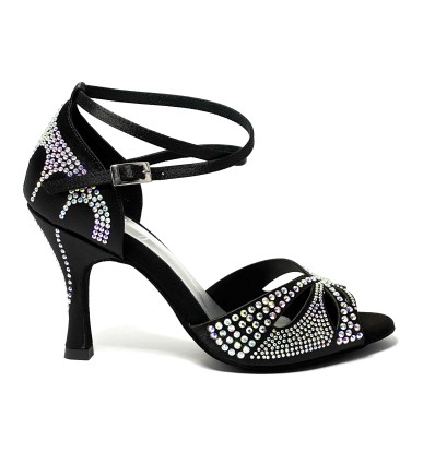 Scarpa da ballo donna latino americano tango ballo da sala liscio raso nero strass boreali suola bufalo tacco 90 stiletto
