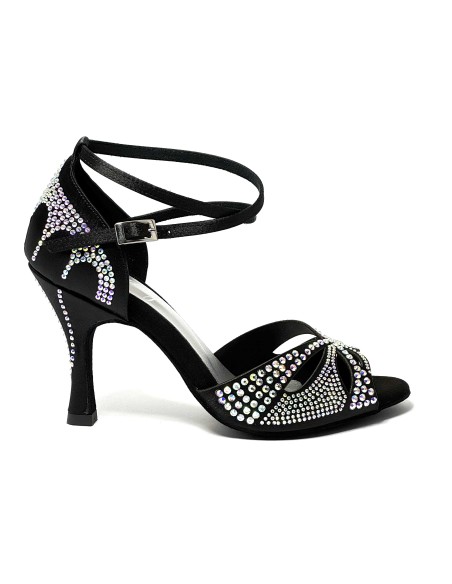 Scarpa da ballo donna latino americano tango ballo da sala liscio raso nero strass boreali suola bufalo tacco 90 stiletto