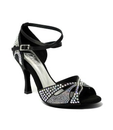 Scarpa da ballo donna latino americano tango ballo da sala liscio raso nero strass boreali suola bufalo tacco 90 stiletto