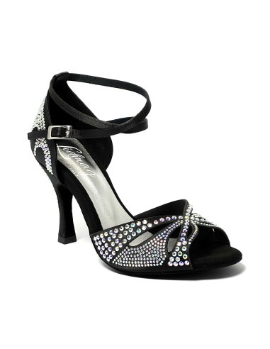 Scarpa da ballo donna latino americano tango ballo da sala liscio raso nero strass boreali suola bufalo tacco 90 stiletto