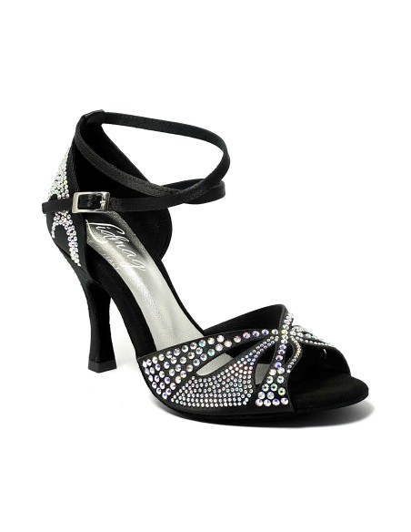 Scarpa da ballo donna latino americano tango ballo da sala liscio raso nero strass boreali suola bufalo tacco 90 stiletto