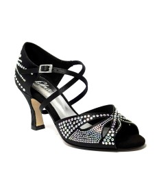 Scarpa da ballo donna latino americano ballo da sala liscio raso nero strass boreali suola cuoio pomiciato tacco 70 rocchetto