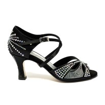 Scarpa da ballo donna latino americano ballo da sala liscio raso nero strass boreali suola cuoio pomiciato tacco 70 rocchetto