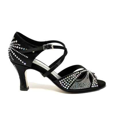 Scarpa da ballo donna latino americano ballo da sala liscio raso nero strass boreali suola cuoio pomiciato tacco 70 rocchetto