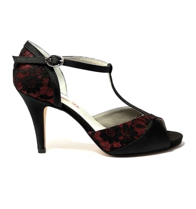 Scarpa da ballo donna latino americano tango ballo da sala raso nero pizzo rosso plateau suola cuoio pomiciato tacco 80 stiletto