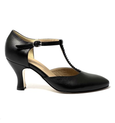 Scarpa da ballo donna ballo da sala liscio latino tango pelle nera strass suola cuoio pomiciato tacco 70 rocchetto