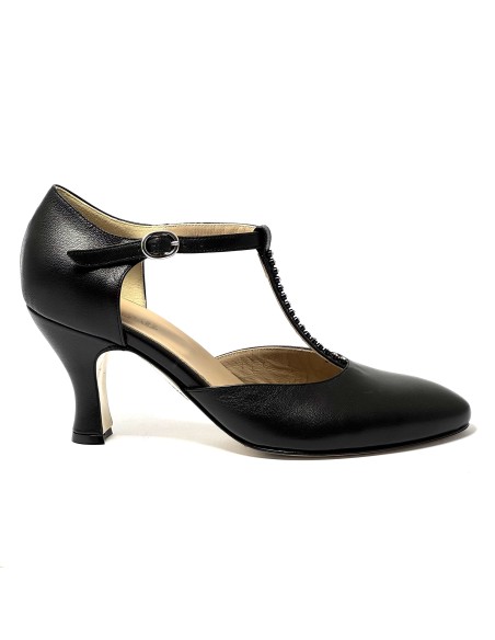 Scarpa da ballo donna ballo da sala liscio latino tango pelle nera strass suola cuoio pomiciato tacco 70 rocchetto