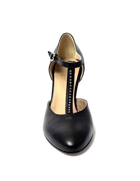 Scarpa da ballo donna ballo da sala liscio latino tango pelle nera strass suola cuoio pomiciato tacco 70 rocchetto