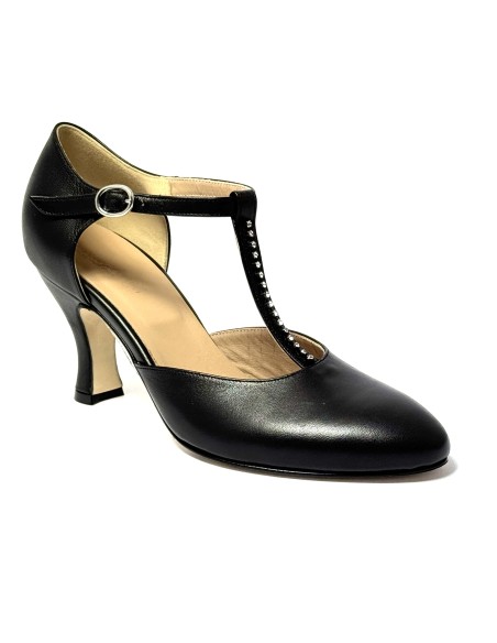 Scarpa da ballo donna ballo da sala liscio latino tango pelle nera strass suola cuoio pomiciato tacco 70 rocchetto