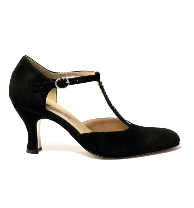 Scarpa da ballo donna ballo da sala liscio tango latino camoscio nero strass suola cuoio pomiciato tacco 70 rocchetto