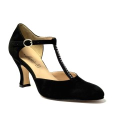 Scarpa da ballo donna ballo da sala liscio tango latino camoscio nero strass suola cuoio pomiciato tacco 70 rocchetto