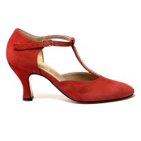 Scarpa da ballo donna ballo da sala liscio tango latino camoscio rosso strass suola cuoio pomiciato tacco 70 rocchetto