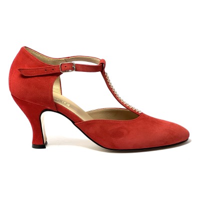 Scarpa da ballo donna ballo da sala liscio tango latino camoscio rosso strass suola cuoio pomiciato tacco 70 rocchetto