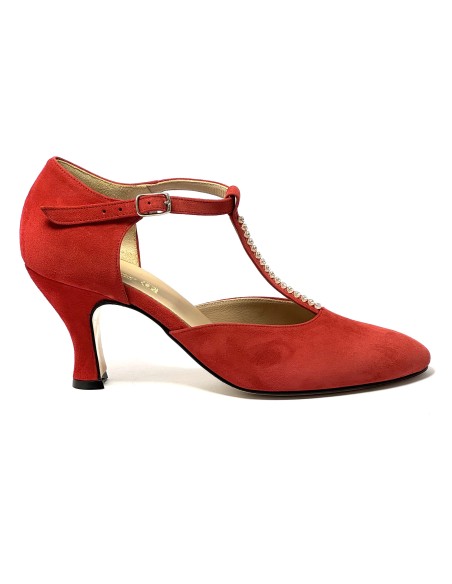 Scarpa da ballo donna ballo da sala liscio tango latino camoscio rosso strass suola cuoio pomiciato tacco 70 rocchetto