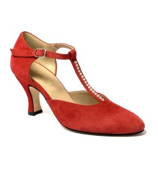 Scarpa da ballo donna ballo da sala liscio tango latino camoscio rosso strass suola cuoio pomiciato tacco 70 rocchetto