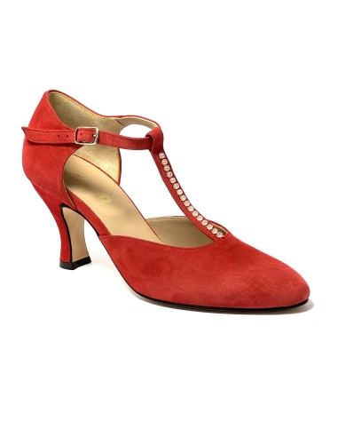 Scarpa da ballo donna ballo da sala liscio tango latino camoscio rosso strass suola cuoio pomiciato tacco 70 rocchetto