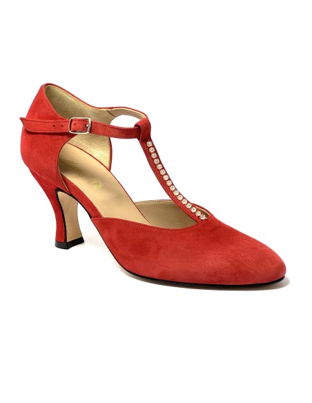 Scarpa da ballo donna ballo da sala liscio tango latino camoscio rosso strass suola cuoio pomiciato tacco 70 rocchetto