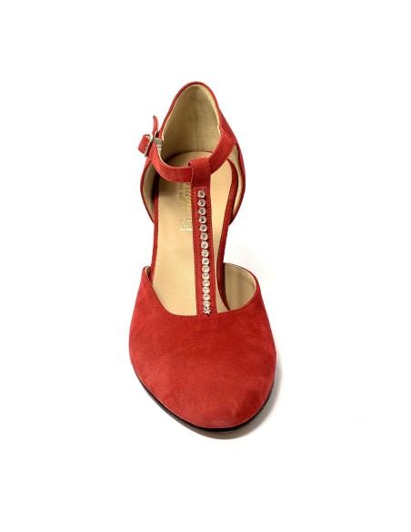Scarpa da ballo donna ballo da sala liscio tango latino camoscio rosso strass suola cuoio pomiciato tacco 70 rocchetto