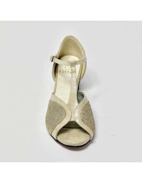 Scarpa da ballo donna latino americano ballo da sala liscio nabuk miele glitter platino suola cuoio pomiciato tacco 40 largo