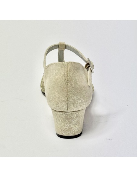 Scarpa da ballo donna latino americano ballo da sala liscio nabuk miele glitter platino suola cuoio pomiciato tacco 40 largo