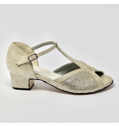 Scarpa da ballo donna latino americano ballo da sala liscio nabuk miele glitter platino suola cuoio pomiciato tacco 30 largo
