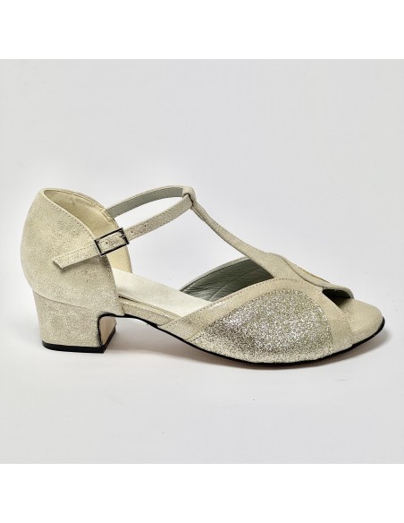 Scarpa da ballo donna latino americano ballo da sala liscio nabuk miele glitter platino suola cuoio pomiciato tacco 40 largo