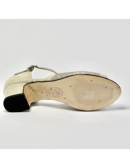 Scarpa da ballo donna latino americano ballo da sala liscio nabuk miele glitter platino suola cuoio pomiciato tacco 40 largo