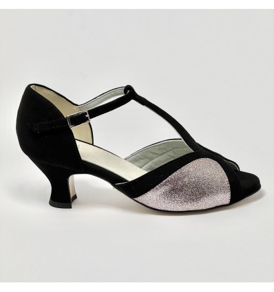Scarpa da ballo donna latino americano ballo liscio camoscio nero glitter arcobaleno suola cuoio pomiciato tacco 50 rocchetto