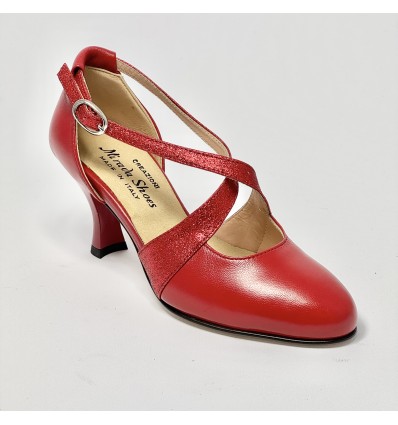 Scarpa da ballo donna ballo da sala liscio standard pelle glitter rosso suola cuoio pomiciato tacco 70 rocchetto