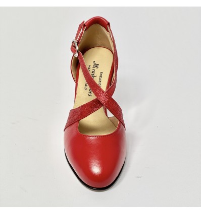 Scarpa da ballo donna ballo da sala liscio standard pelle glitter rosso suola cuoio pomiciato tacco 70 rocchetto