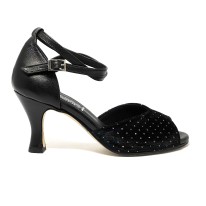 Scarpa da ballo donna latino americano ballo da sala liscio pelle velluto nero argento suola cuoio pomiciato tacco 70 rocchetto