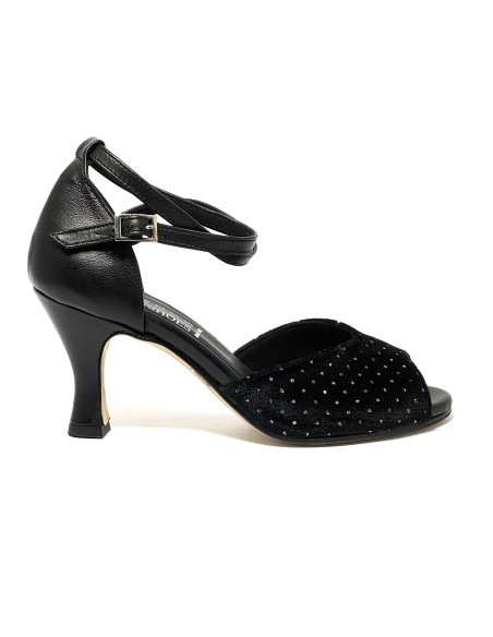 Scarpa da ballo donna latino americano ballo da sala liscio pelle velluto nero argento suola cuoio pomiciato tacco 70 rocchetto