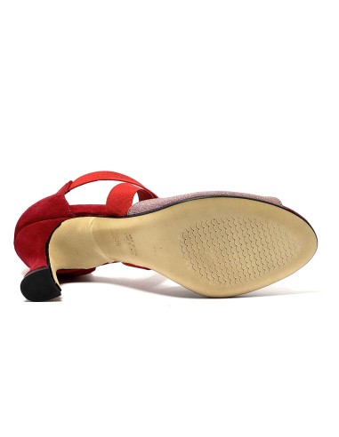 Scarpa da ballo donna latino americano ballo da sala tessuto camoscio rosso elastici suola cuoio pomiciato tacco 70 rocchetto