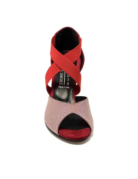 Scarpa da ballo donna latino americano ballo da sala tessuto camoscio rosso elastici suola cuoio pomiciato tacco 70 rocchetto