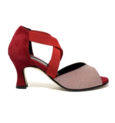 Scarpa da ballo donna latino americano ballo da sala tessuto camoscio rosso elastici suola cuoio pomiciato tacco 70 rocchetto