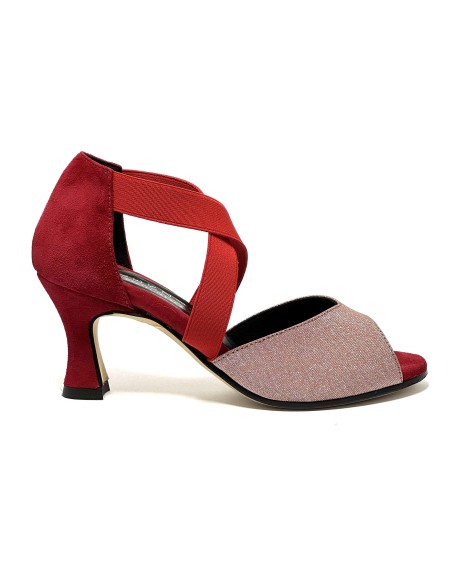 Scarpa da ballo donna latino americano ballo da sala tessuto camoscio rosso elastici suola cuoio pomiciato tacco 70 rocchetto