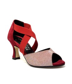 Scarpa da ballo donna latino americano ballo da sala tessuto camoscio rosso elastici suola cuoio pomiciato tacco 70 rocchetto