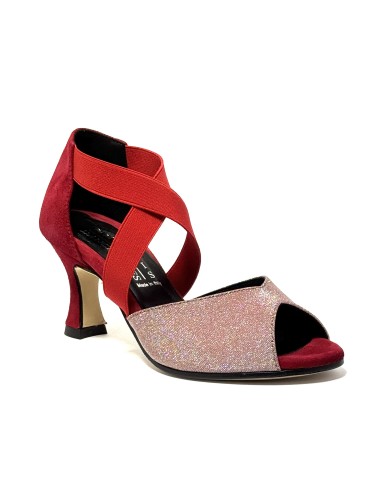 Scarpa da ballo donna latino americano ballo da sala tessuto camoscio rosso elastici suola cuoio pomiciato tacco 70 rocchetto