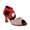 Scarpa da ballo donna latino americano ballo da sala tessuto camoscio rosso elastici suola cuoio pomiciato tacco 70 rocchetto