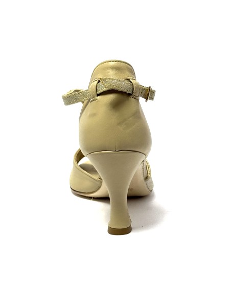 Scarpa da ballo donna latino americano ballo da sala liscio tango pelle tessuto beige suola cuoio pomiciato tacco 70 rocchetto